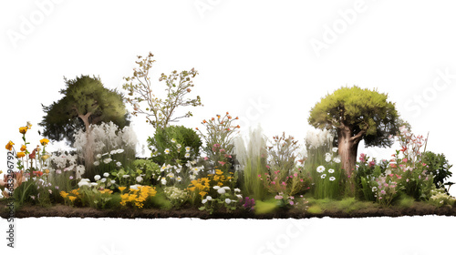 Small grove, trees and flowers in a forest, isolated on transparent background