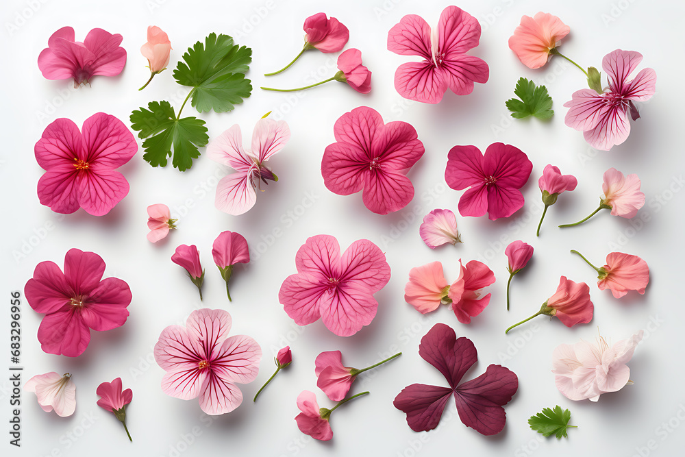 Set of pink flowers on white background