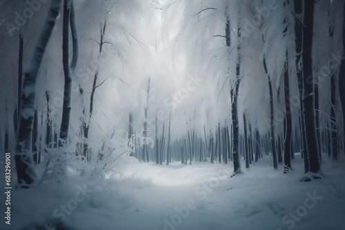 Blurry image of a winter forest, small snowdrifts and light snowfall © Dennis