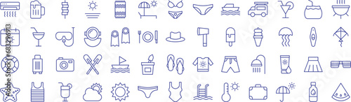 Travel associates outline icons set, including icons such as Alcohol, Bbq, Beach, Bikini, Boat, , and more. Vector icon collection