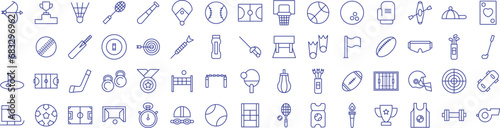 Type of sports and games outline icons set, including icons such as Baseball Bat, Baseball, Badminton, Award, Cricket, , and more. Vector icon collection