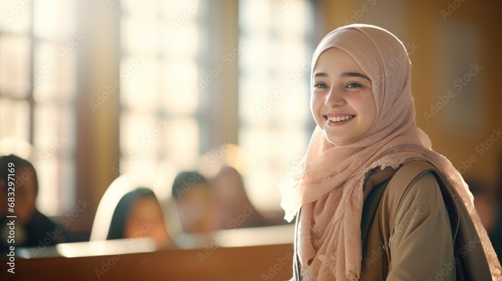 Happy children study in the classroom. Muslim girl learn at school. Learning and education concept. Happy children study in the classroom. Muslim girl learn at school. Learning and education concept.