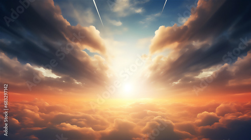 dramatic sky with Cumulonimbus clouds and ray of light from the sun in sunset, hyper realistic, dramatic light and shadows, #683297142