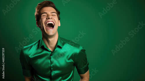 Hysterical 22 years old male actor, laughing out loud, wearing a Bright solid emerald dress
