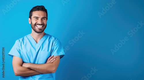 Pensive 30-year-old male nurse, smiling and laughing, wearing a Bright solid blue dress