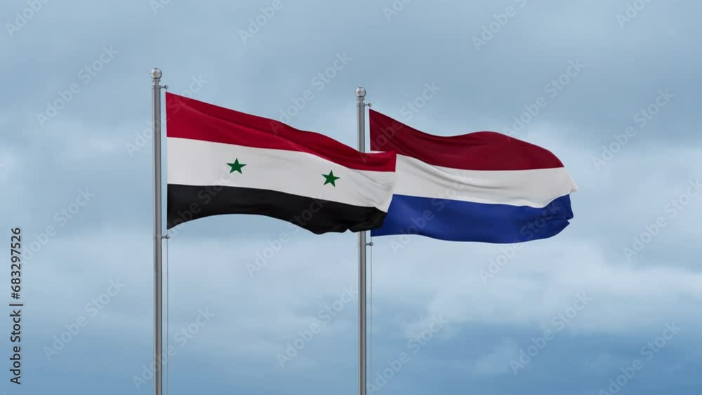 Netherlands flag and Syria flag waving together on cloudy sky, endless seamless loop, two country relations concept Netherlands flag and Syria flag waving together on cloudy sky, endless seamless loop, two country relations concept