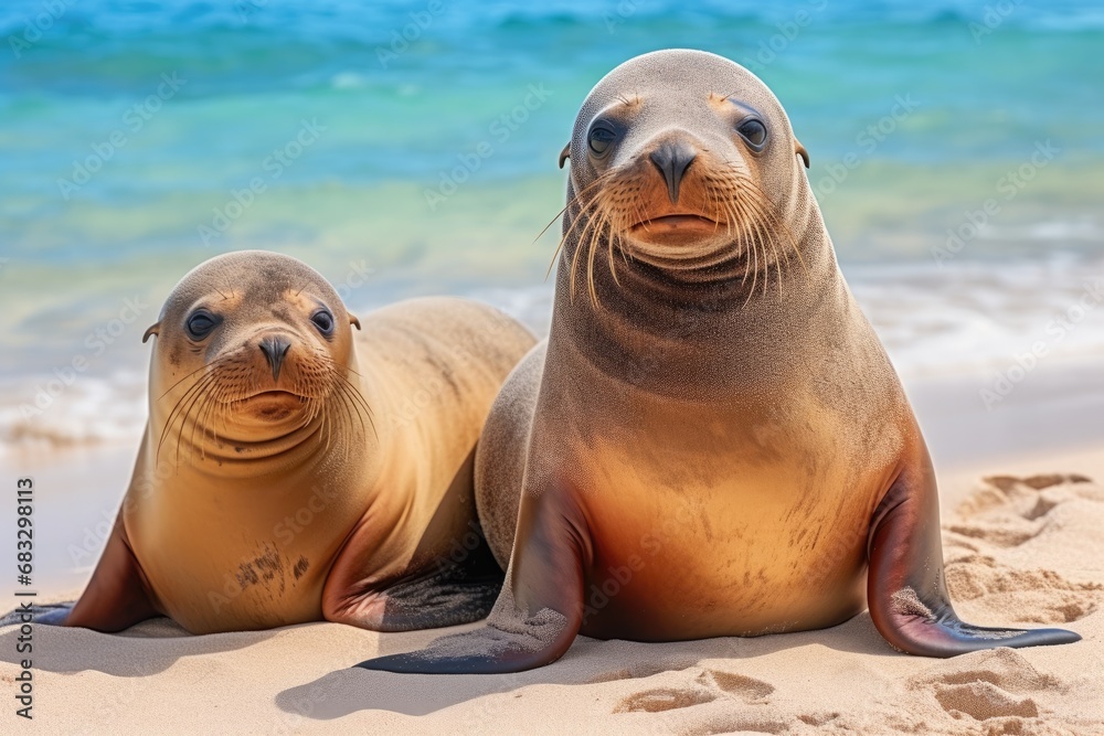 Fototapeta premium Sea Lion Family in sand lying on beach