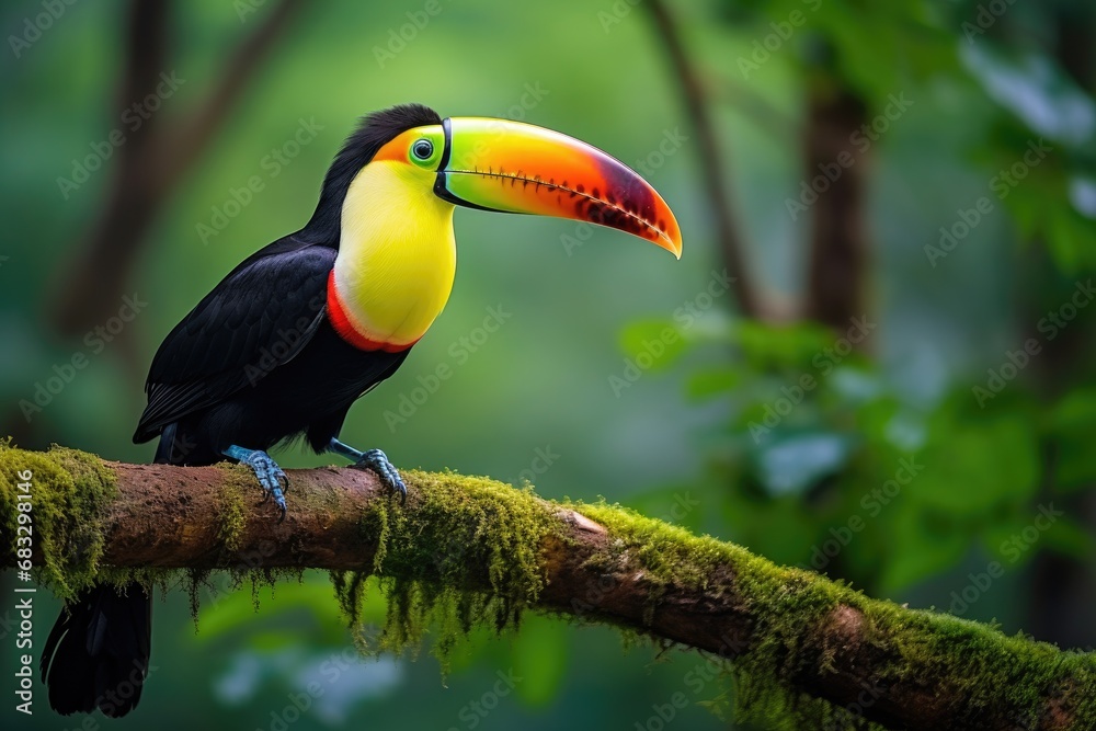 Fototapeta premium Toucan sitting on a branch in the rainforest. Generative AI