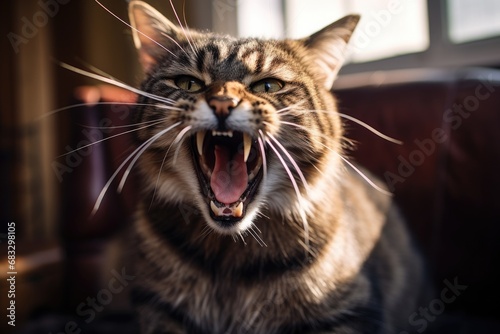 Roaring domestic cat, wild pet.