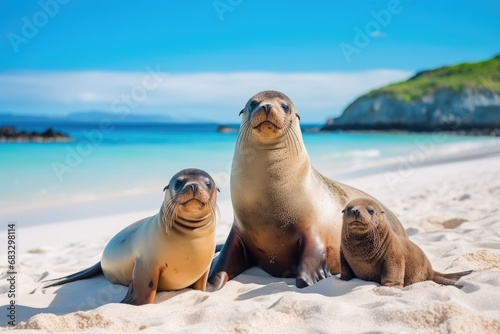 Sea Lion Family in sand lying on beach
