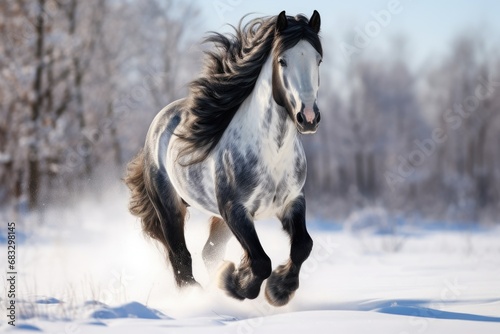 Horse gallop in snow in winter landscape