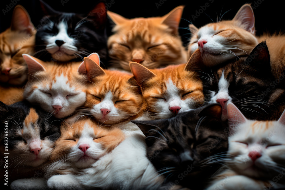 Adorable cats sleeping together and squeezing each other and squinting. Adorable cats sleeping together and squeezing each other and squinting.