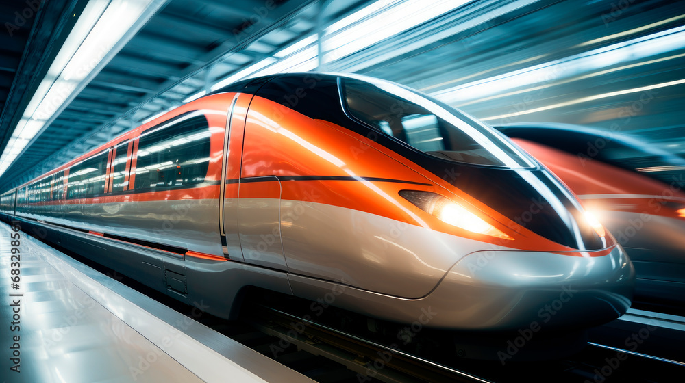 Fototapeta premium High speed train passing station with motion blur background.