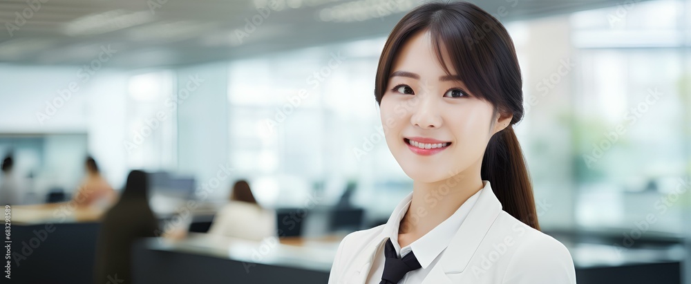 Happy confident Korean business woman leader looking away standing in office. Smiling professional Korea manager executive, East Asian female worker thinking of financial success. generative AI Happy confident Korean business woman leader looking away standing in office. Smiling professional Korea manager executive, East Asian female worker thinking of financial success. generative AI