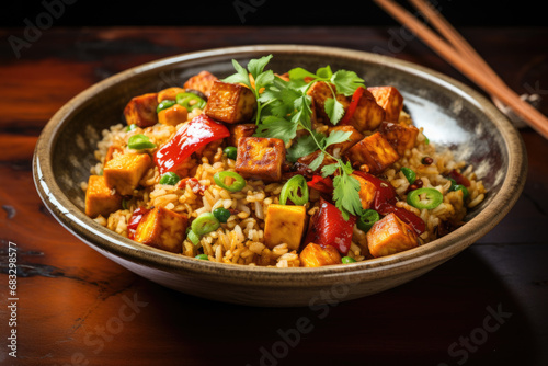 Fried rice with tofu and vegitables ceramic bowl shot from above.Thai cousien