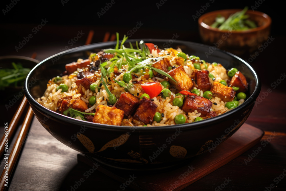 Fried rice with tofu and vegitables ceramic bowl shot from above.Thai cousien Fried rice with tofu and vegitables ceramic bowl shot from above.Thai cousien