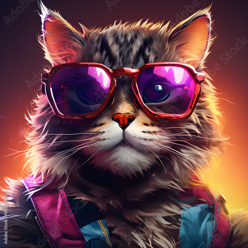 Portrait of a cartoon cat wearing sunglasses, neon punk costumes.