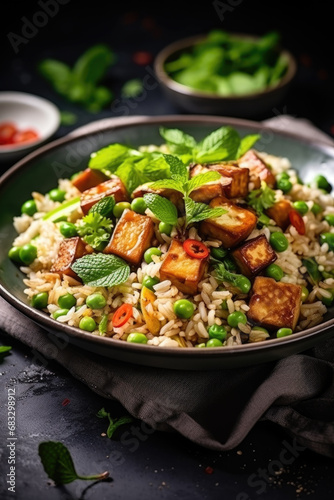 Fried rice with tofu and vegitables ceramic bowl shot from above.Thai cousien