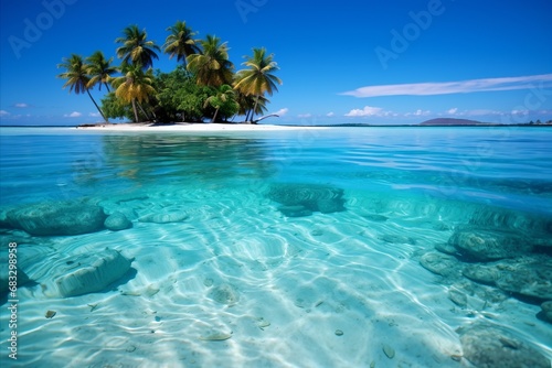 Stunning panoramic view of a serene tropical island adorned with lush green palm trees © D