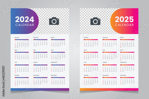 Wall calendar 2024 and 2025 template design. red and blue vertical calendar