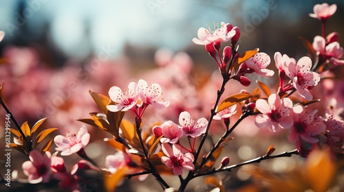 Pink sakura blossom spring natural background with copy space