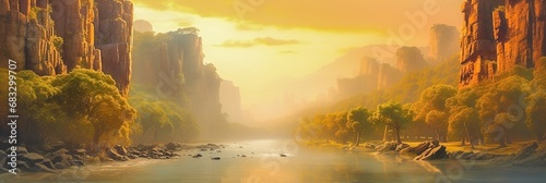 A panoramic mountain and river in golden sunlight © Raveen
