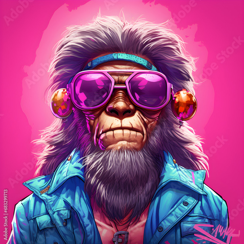 Portrait of a cartoon monkey wearing sunglasses.