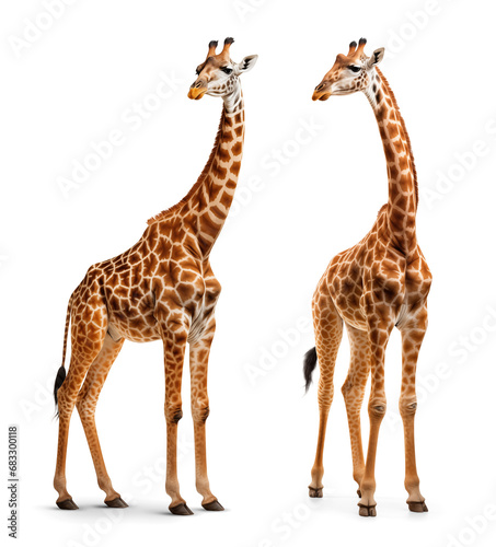 two giraffe couple portrait on isolated background