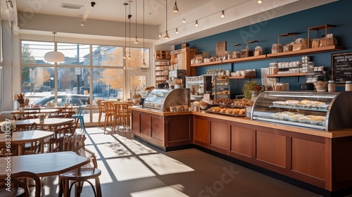 beautifully designed bistro cafe with a clean white counter, a tempting bakery display, and a long wooden counter adorned with high chairs by the window, bathed in the warm, golden morning sunlight photo