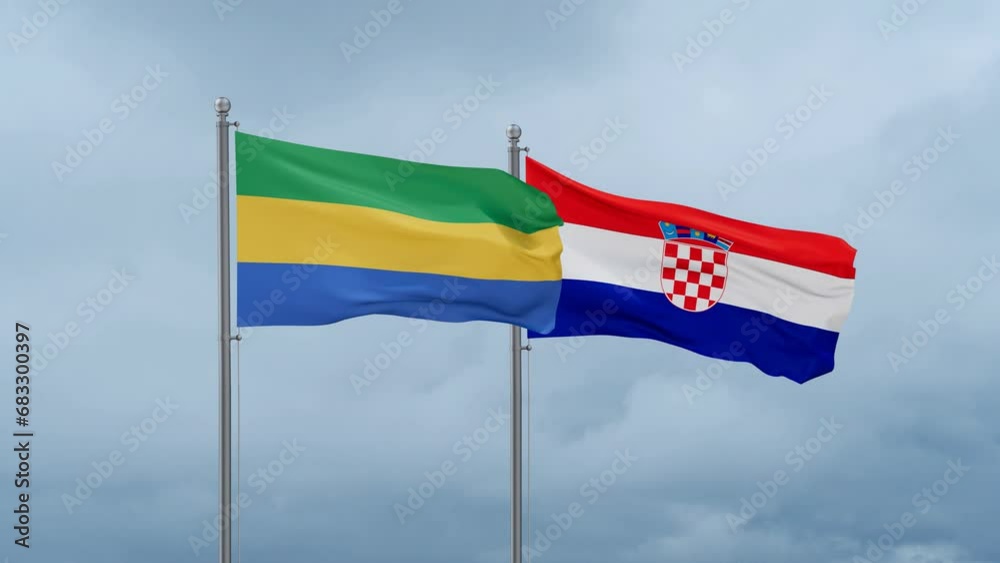 Croatia and Gabon flag waving together on cloudy sky, endless seamless loop, two country cooperation concept Croatia and Gabon flag waving together on cloudy sky, endless seamless loop, two country cooperation concept