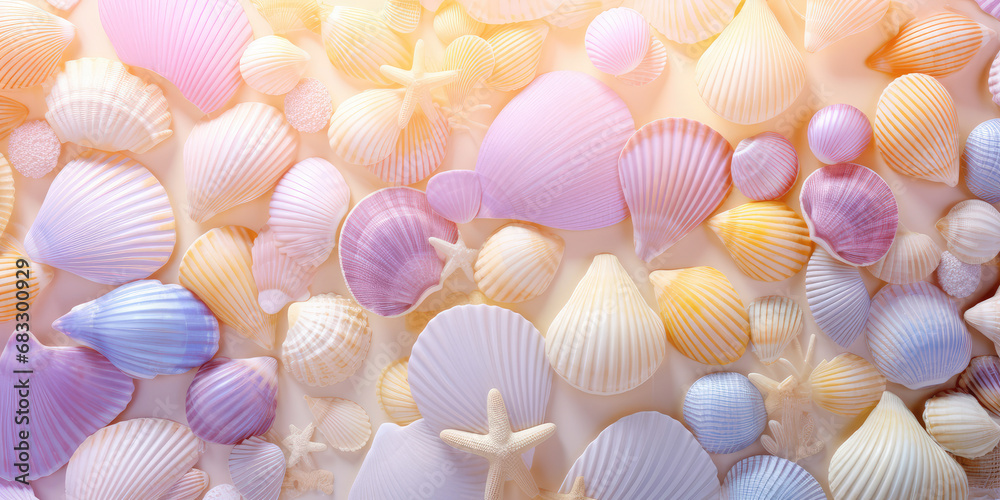 Marine wallpaper with different sea shells in pastel colors. Creative backdrop, background with a variety of tropical seashells. Marine wallpaper with different sea shells in pastel colors. Creative backdrop, background with a variety of tropical seashells.