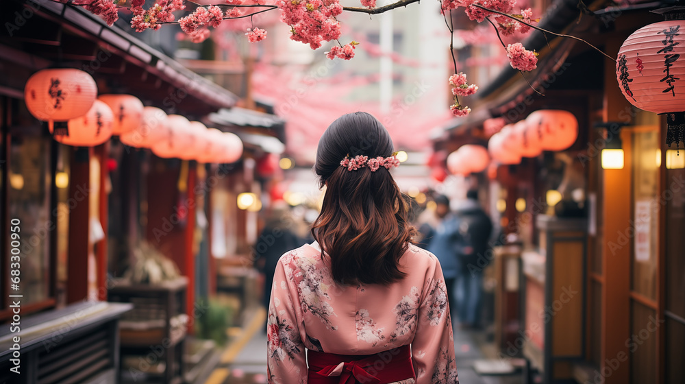 Japanese woman walking in the street with cherry blossom in Kyoto, Japan Japanese woman walking in the street with cherry blossom in Kyoto, Japan