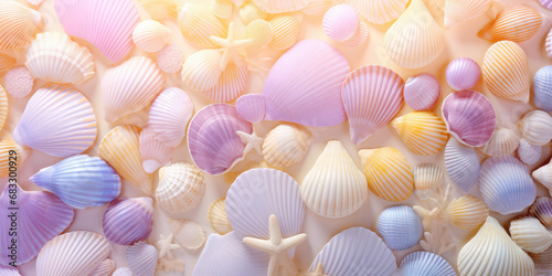 Marine wallpaper with different sea shells in pastel colors. Creative backdrop, background with a variety of tropical seashells.