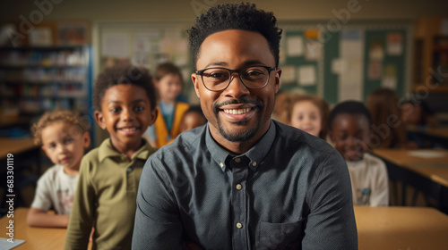 portrait of a African American teacher in the classroom, child behind him