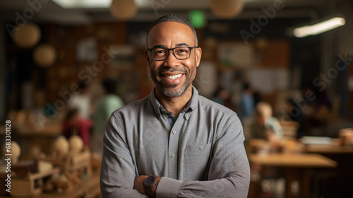 portrait of a African American teacher in the classroom  child behind him