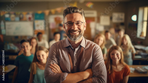 portrait of a caucasian teacher in the classroom, child behind him