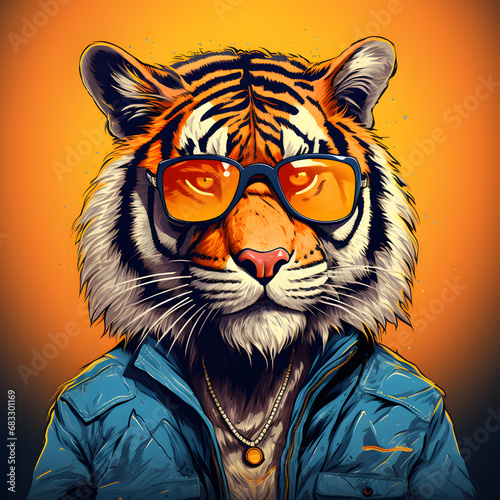 Portrait of a cartoon tiger wearing sunglasses.
