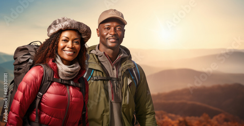 African American couple hiker walking on the top of the mountain