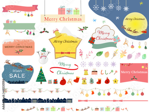 かわいいクリスマスのフレーム、バナー、アイコンのバラエティーセット　ベクターイラスト素材　非分割のパターンブラシ