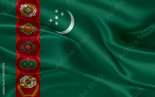 Fotografie 3d waving realistic silk national flag of Turkmenistan