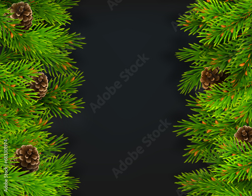 Christmas decorative border made of fir branches with pine cones  vertical banner with copy space in the center. On a dark background. 3d realistic illustration. Vector.