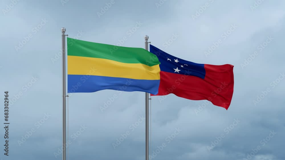 Samoa and Gabon flag waving together on cloudy sky, endless seamless loop, two country cooperation concept