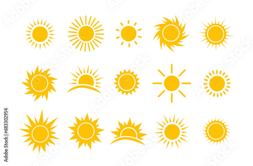 Sun icon set. Yellow sun star icons collection. Vector