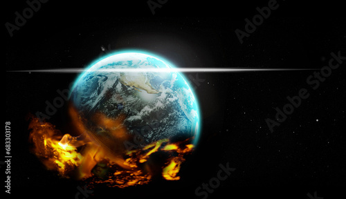 Fototapeta Naklejka Na Ścianę i Meble -  Space, planet earth on fire and global warming for world crisis, environmental problem and universe. Science, atmosphere and pollution with toxins, aerospace and astronomy for climate change