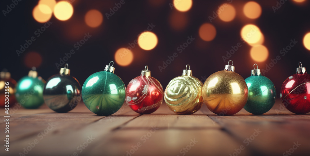 Row of colorful Christmas baubles lined up on a wooden surface, with warm bokeh lights on background. Design for holiday greeting cards and seasonal marketing, with copy space. Festive banner.