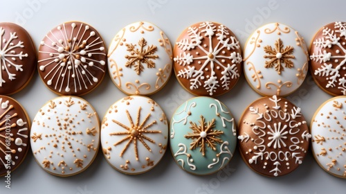 Delicious handmade Christmas cookies with festive glazed decoration. Top view. Generative AI