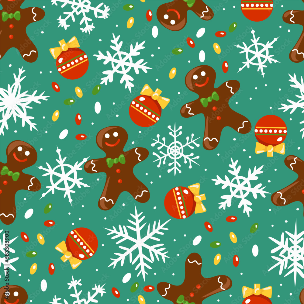 Fototapeta premium Christmas seamless pattern. Colorful background includes gingerbread man, snowflakes, Christmas balls, garlands. Festive winter pattern. Cartoon. Vector illustration.