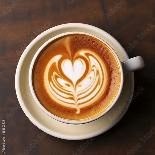 Сappuccino with intricate white heart latte art, top view, set on a rich brown wooden table, for menus and coffee-related marketing, banner, cafe concept