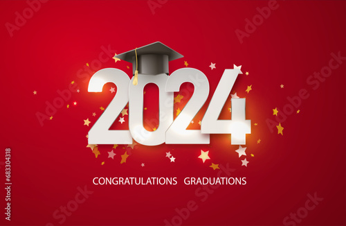 2024 Graduate college red, high school or university cap with gold Congrats Class of 2024 background. Vector