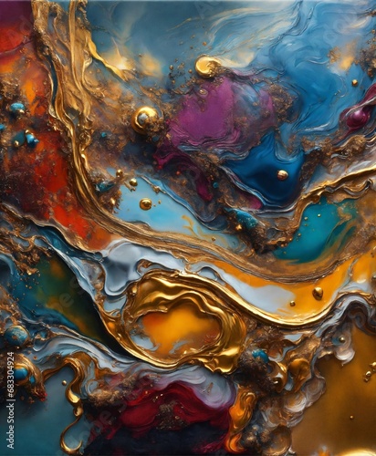 Colorful abstract painting oil and water complex complicated bright vivid colors beautiful opulent wealthy intricate all hues sublime delicate hyperdetailed masterpiece metallic sheen awesome 24k gold photo